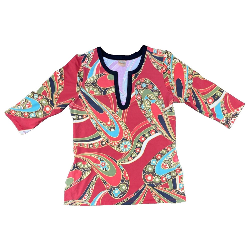 Athleta Women’s Tunic Style Retro Top V Neck Multicolored 3/4 Sleeve Stretch XL
